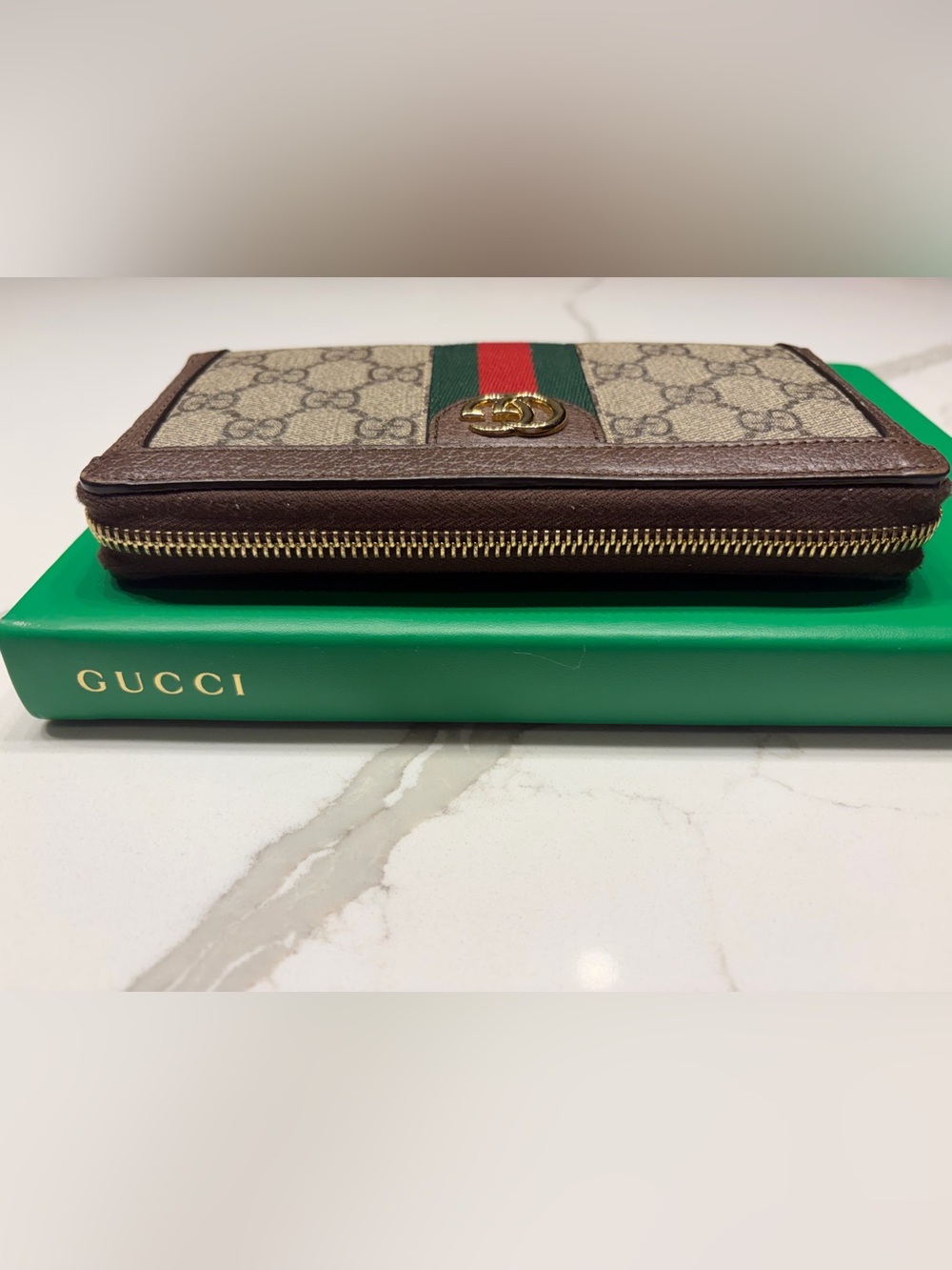 Gucci Ophidia GG Supreme Zip Around Wallet with Web Stripe & Gold Hardware